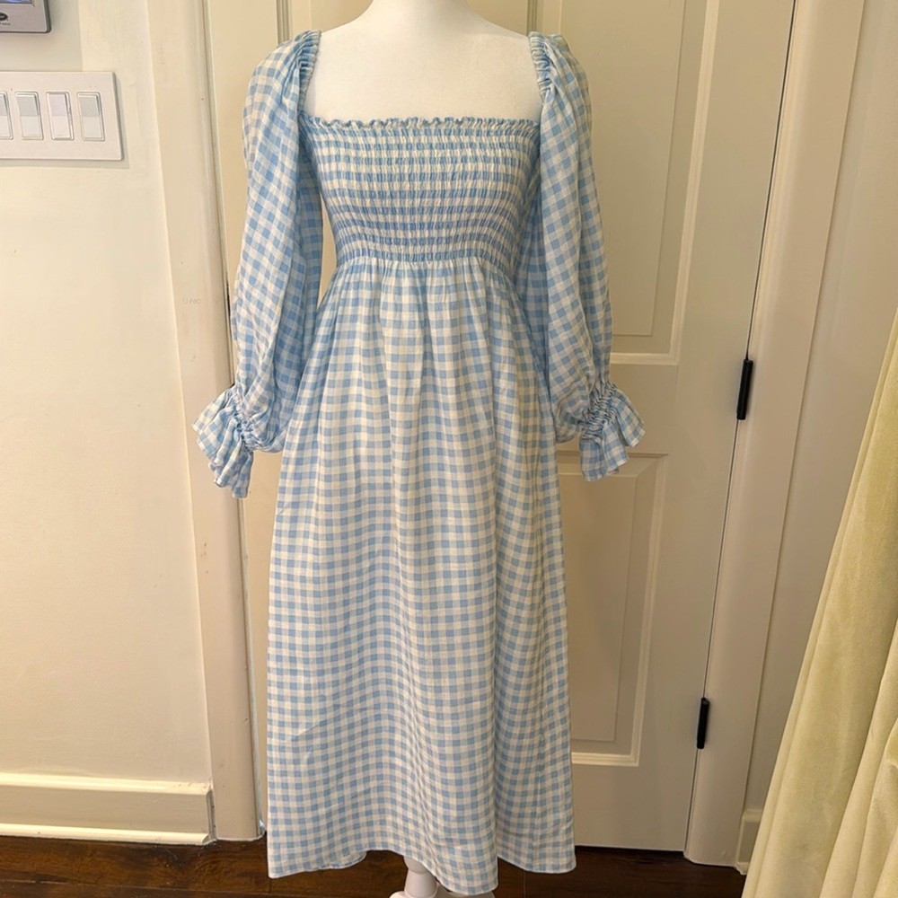Sleeper- Atlanta Off-The-Shoulder Shirred Linen Midi Dress- Blue & White -Size:S - Picture 3 of 11